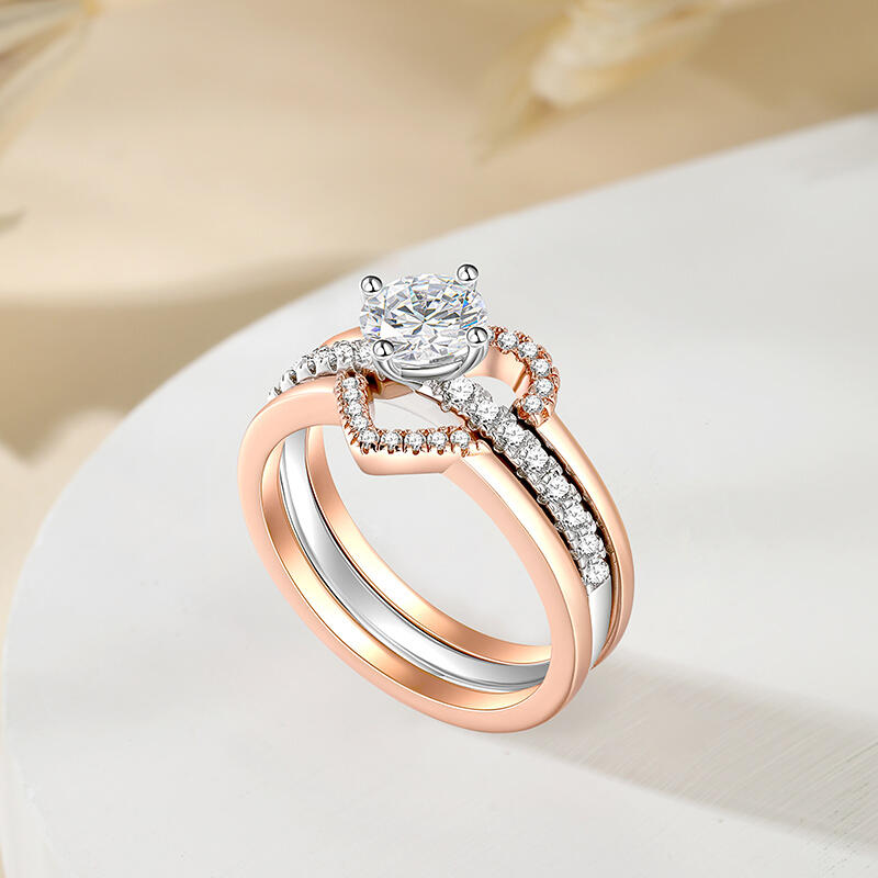 Jeulia Simple Two Tone Three Ring Set Round Cut Sterling Silver
