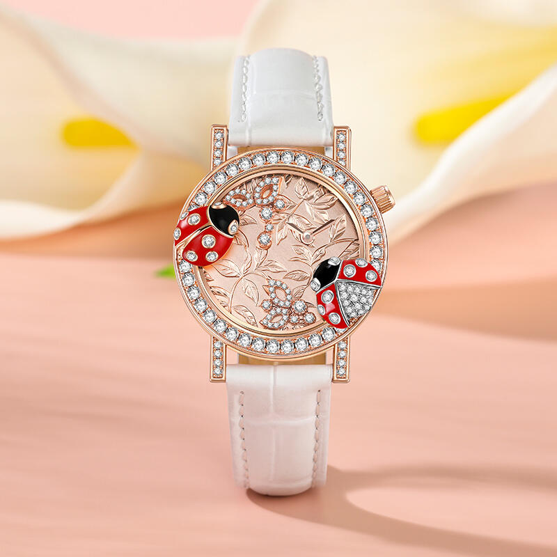 Jeulia "Vivid Natural" Ladybug Design Quartz White Leather Women's Watch