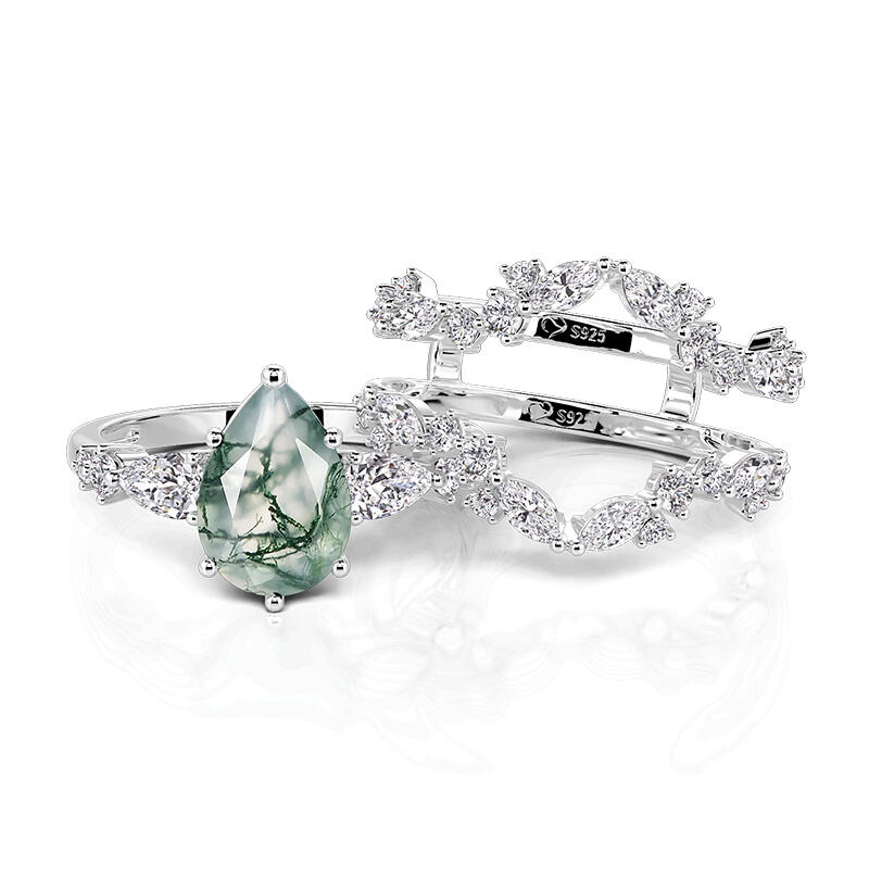 Jeulia Olivetta Pear Cut Moss Agate Ring Set