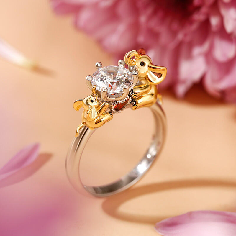 Jeulia Hug Me "Mother & Baby" Elephant Round Cut Sterling Silver Ring