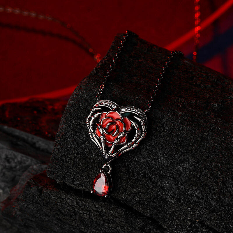 Jeulia "Never Ending Love" Skeleton Hands & Rose Sterling Silver Necklace