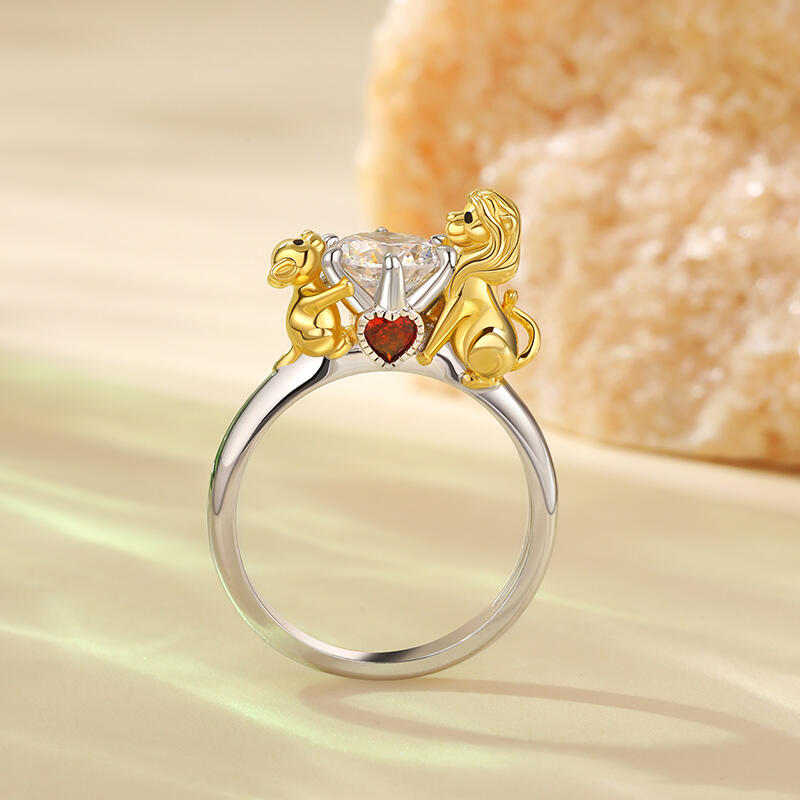 Jeulia Hug Me "Father's Protection" Dad and Baby Lion Round Cut Sterling Silver Ring