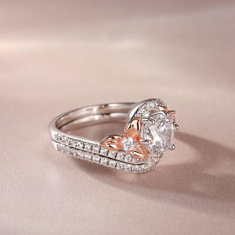 Jeulia Floral Design Round Cut Sterling Silver Ring Set