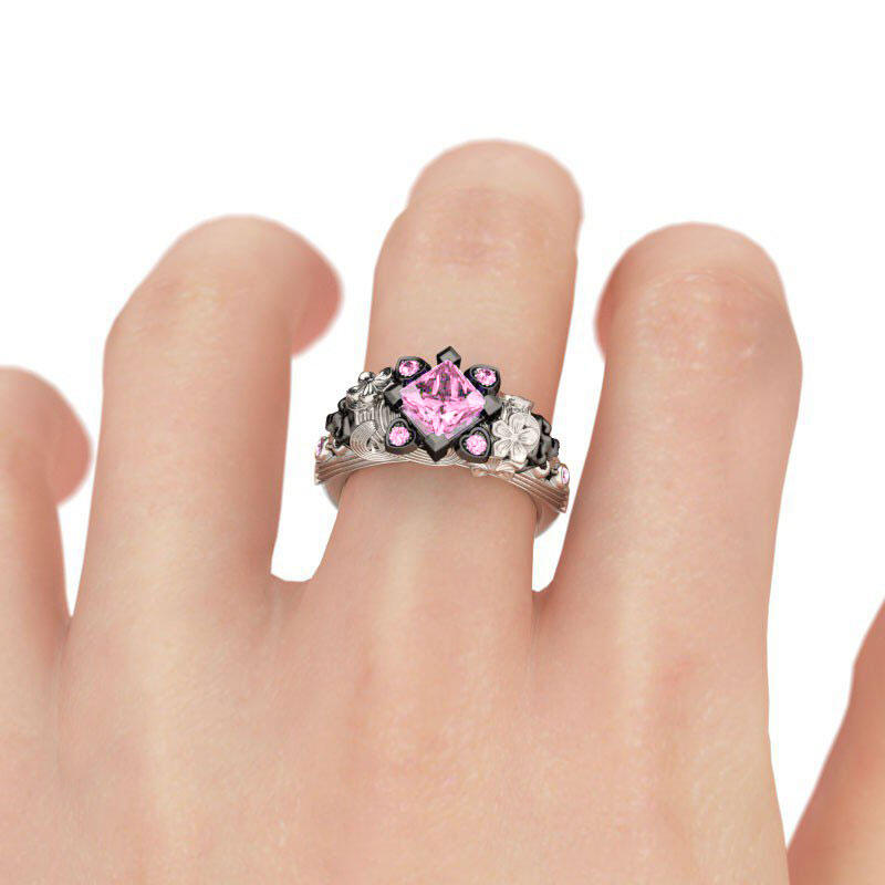 Jeulia Flower Design Princess Cut Sterling Silver Two Skull Ring