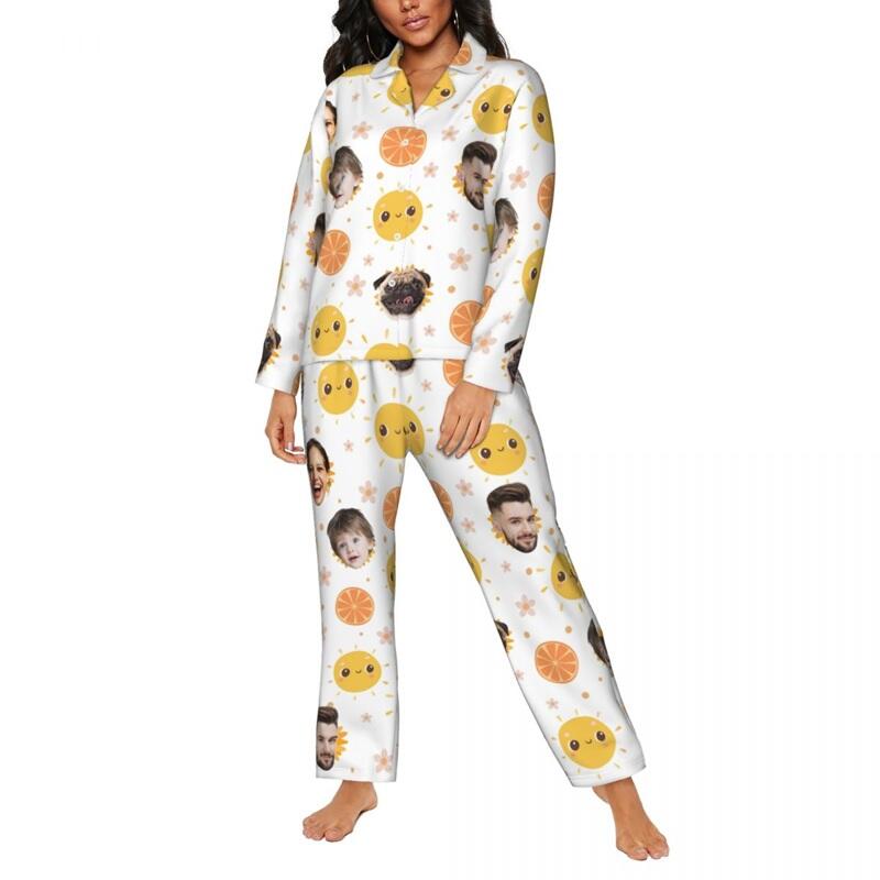 Pijamas personalizados con foto de cara personalizada, diseño de lindo patrón de sol, regalo exquisito para su familia