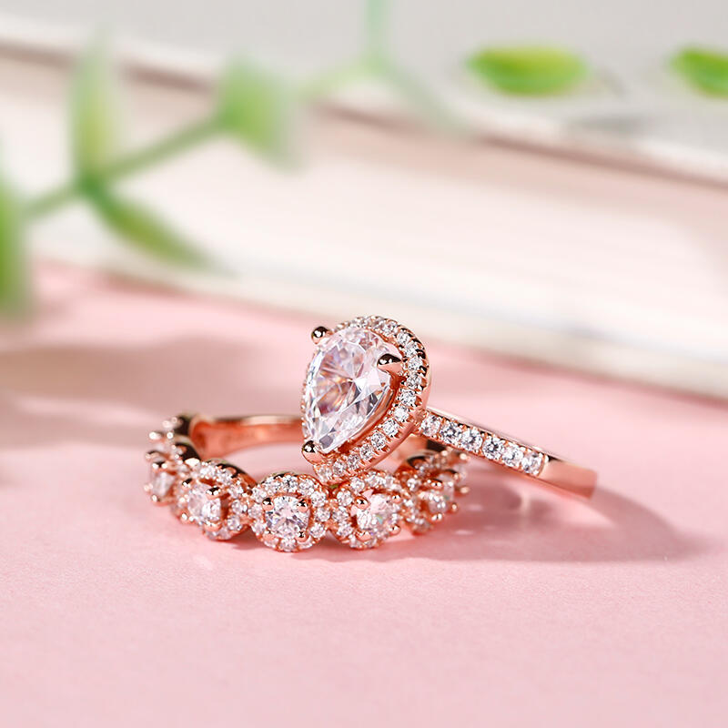 Jeulia Halo Pear Cut Sterling Silver Ring Set