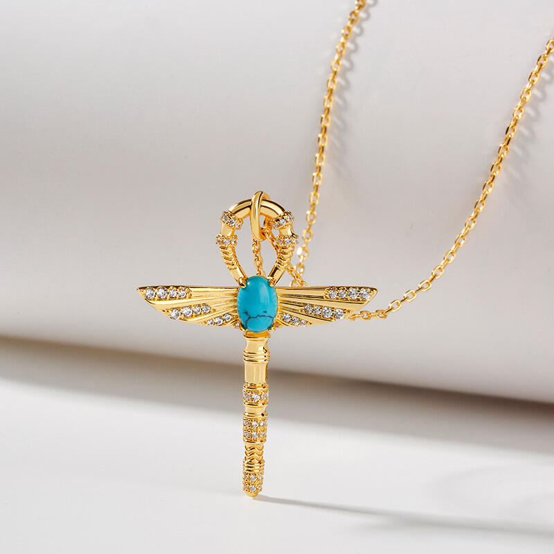 Jeulia "Ankh" Ancient Egyptian Scepter Turquoise Pendant Sterling Silver Necklace