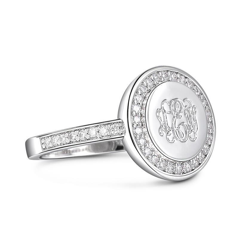 Jeulia Halo Round Monogram Personalized Sterling Silver Ring