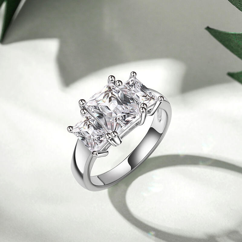 Jeulia Three Stone Radiant Cut Sterling Silver Ring