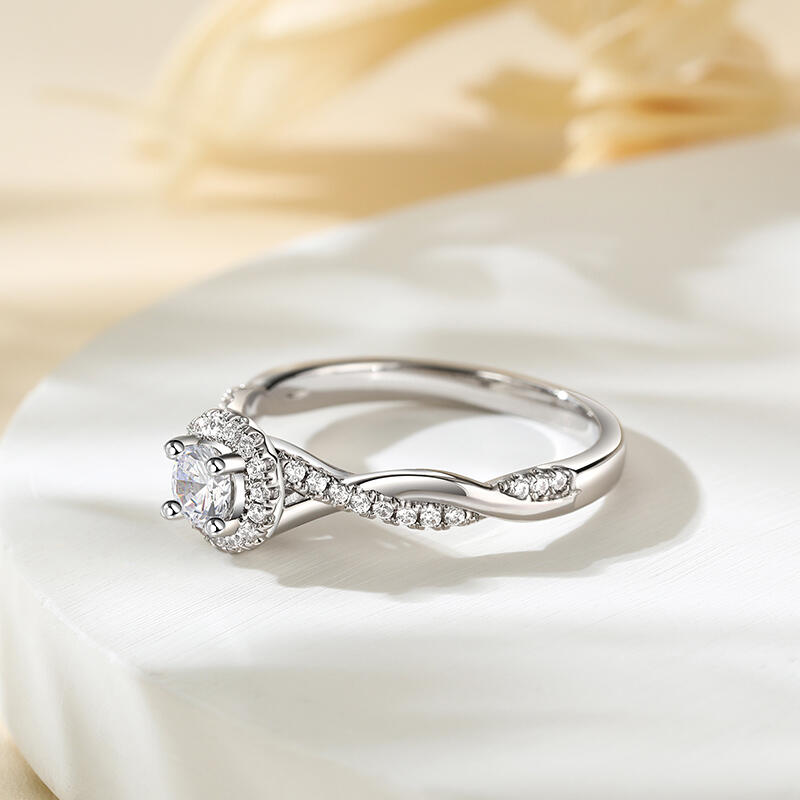 Jeulia Anillo de Compromiso Redondo Halo Plata Esterlina Diseño Torcido