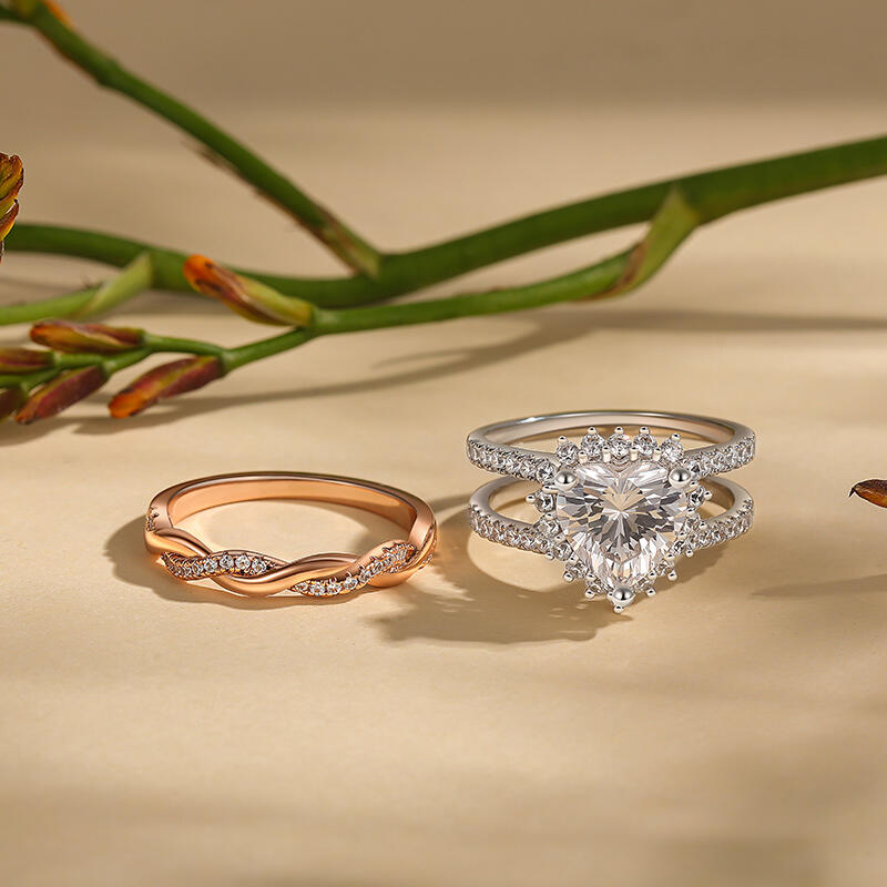 Jeulia Juego de Anillos Corazón con Halo Intercambiable y Torcido