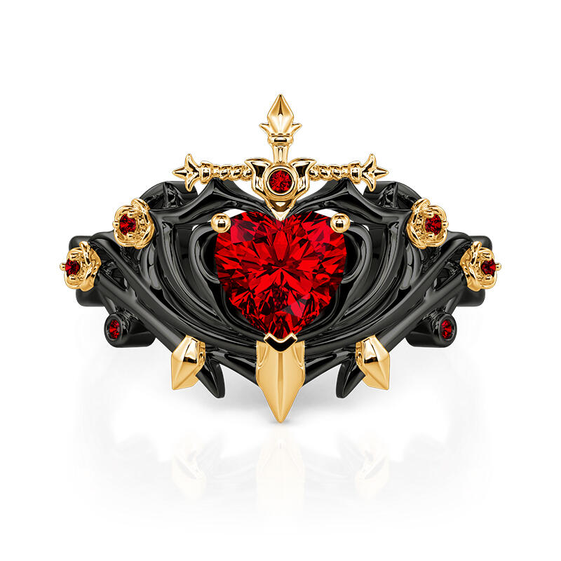Jeulia Red Heart Sword Ring with Black Thorn Band