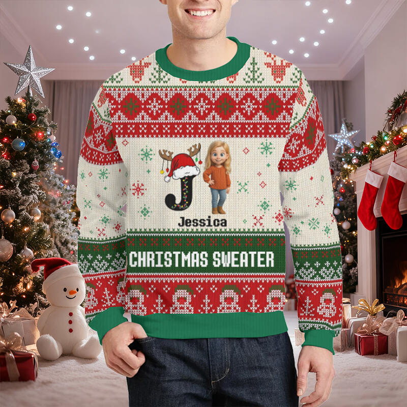 Personalized Ugly Sweater Unisex Custom Initial and Cartoon Photo Design Creative Christmas Gift for Family
