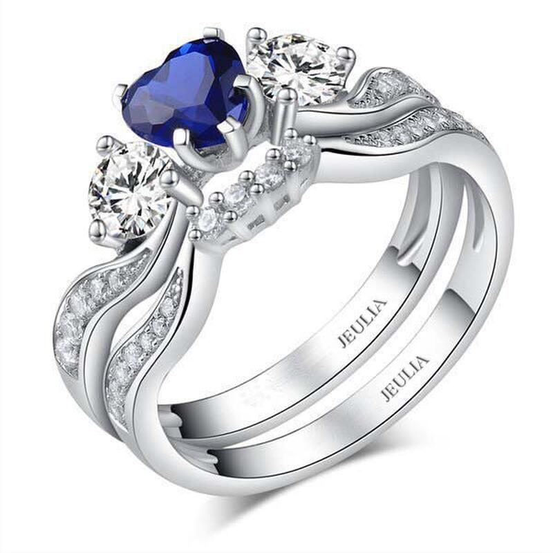 Jeulia Three Stone Heart Cut Sterling Silver Ring Set