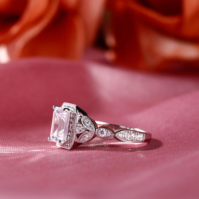 Jeulia Leaf Design Emerald Cut Sterling Silver Ring