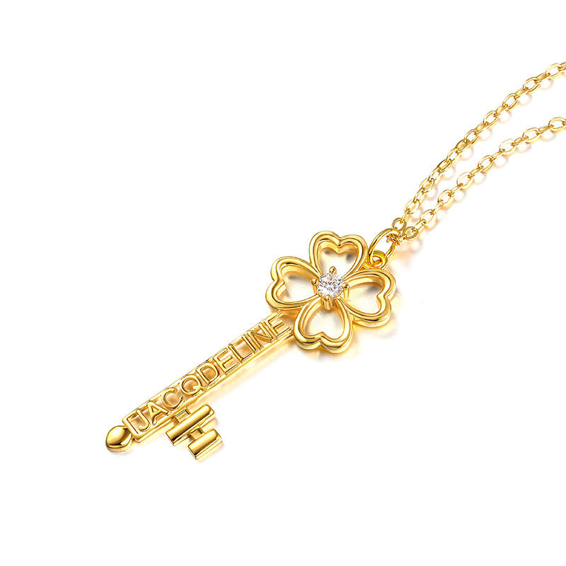 Jeulia Personalized Name Four Leaf Clover Key with Birthstones Sterling Silver Necklace