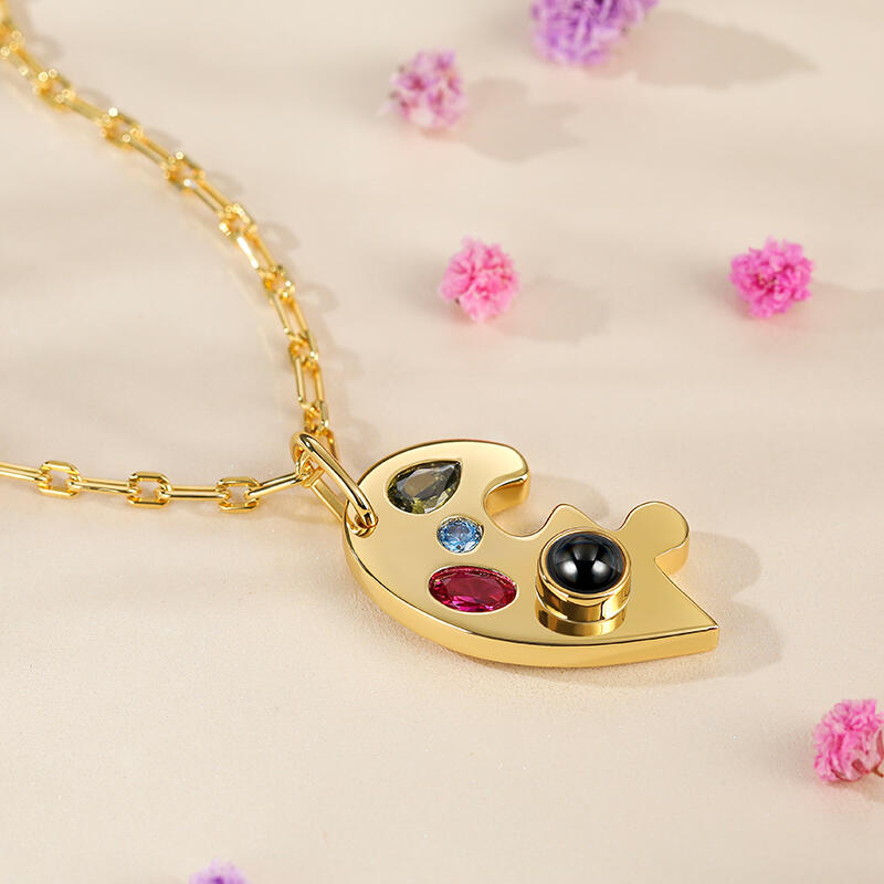 Jeulia Half Heart Puzzle Design Personalized Photo Projection Sterling Silver Necklace