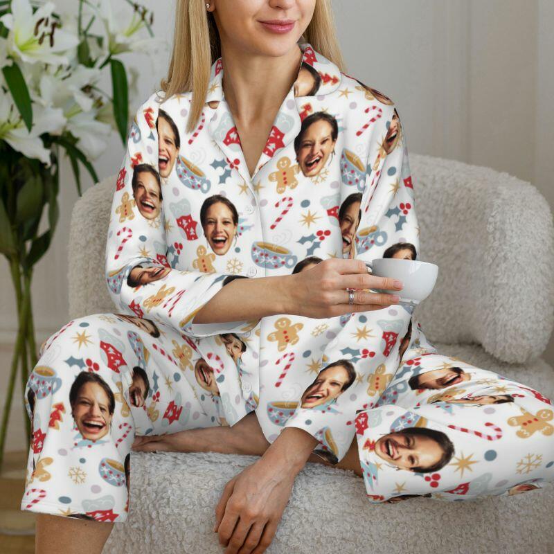 Pigiama personalizzato Foto personalizzata Calza di Natale con omino di pan di zenzero Design carino Regalo per lei
