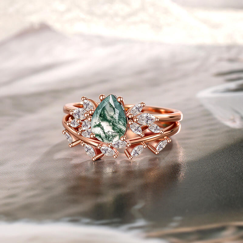 Jeulia Forest Deciduous Pear Cut Moss Agate Ring Set