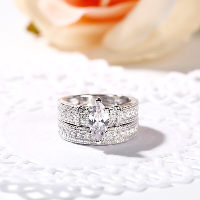 Jeulia Art Deco Milgrain Marquise Cut Sterling Silver Ring Set