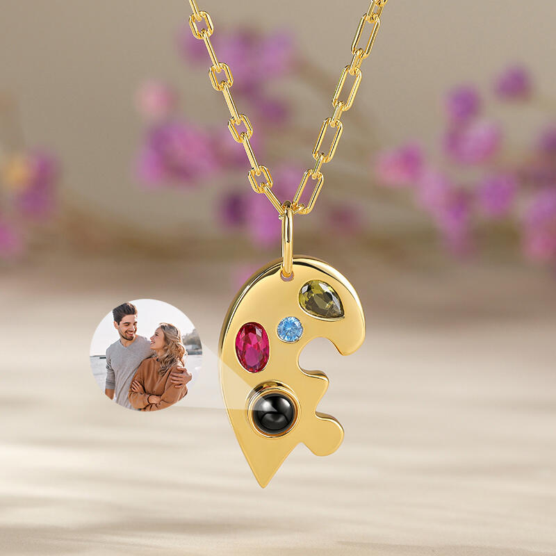 Jeulia Half Heart Puzzle Design Personalized Photo Projection Sterling Silver Necklace