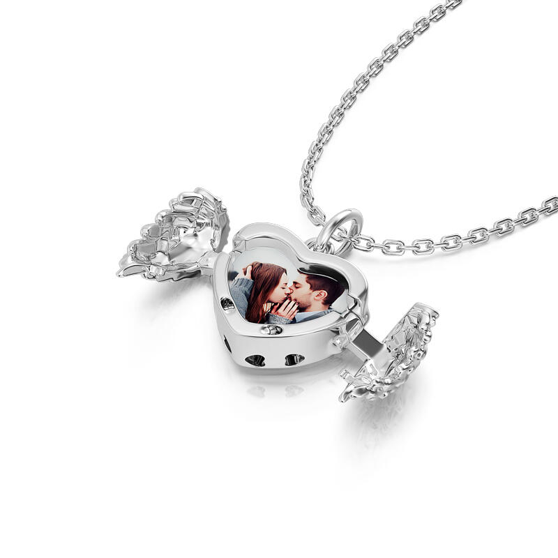 Jeulia Openable Angel Wings Heart Personalized Sterling Silver Photo Necklace