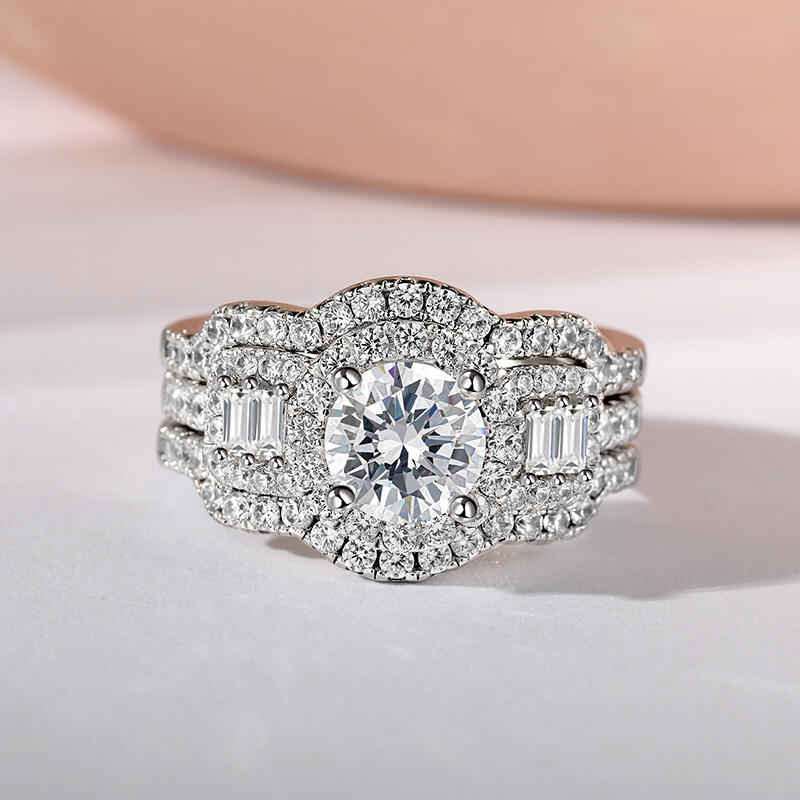 Jeulia Halo Round Cut Sterling Silver Ring Set