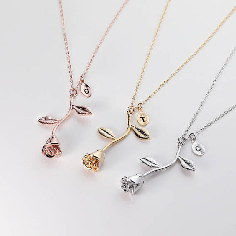 Jeulia Rose With Initial Necklace Sterling Silver