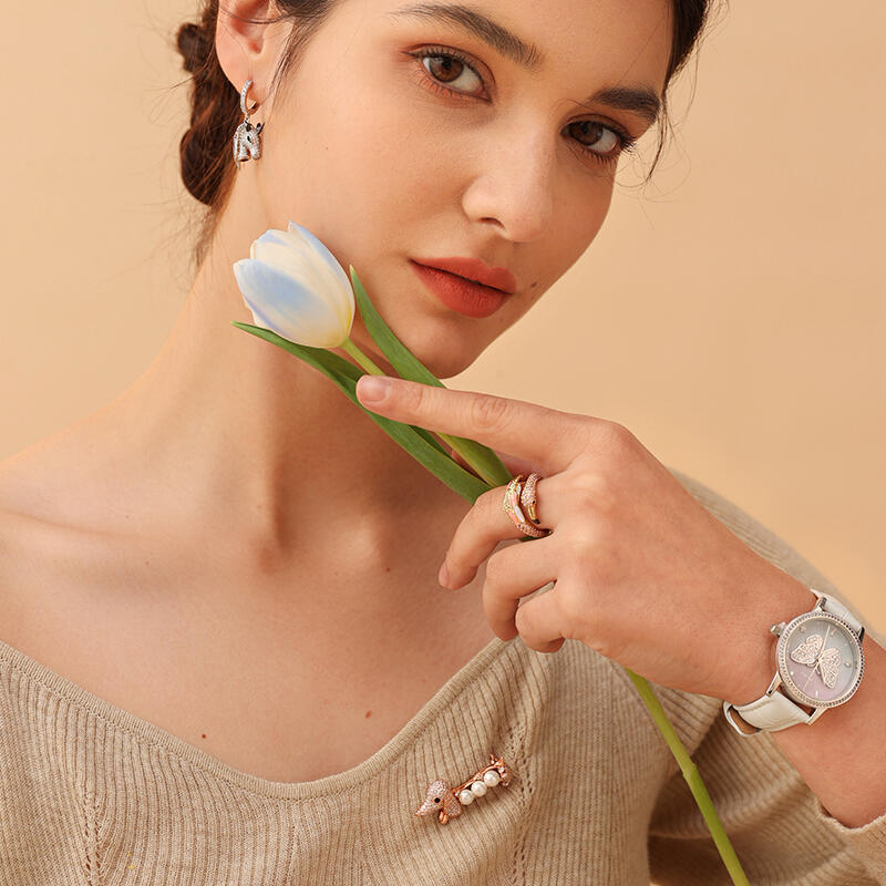 Jeulia "Dreamy Rainbow" Butterfly Design Quartz White Leather Watch with Ombre Dial