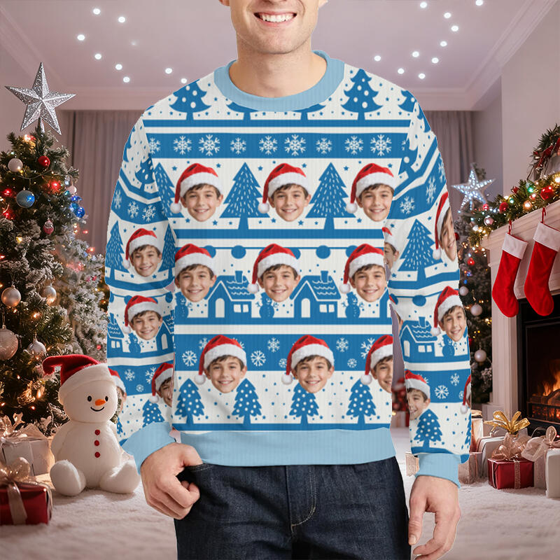 Gepersonaliseerde lelijke trui unisex met eigen gezichtsfoto blauw sneeuwlandschap ontwerp perfect kerstcadeau voor familie