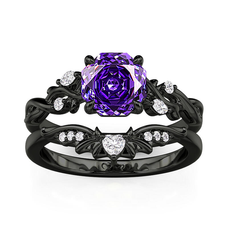 Jeulia Black Thorn Purple Rose Cut Ring Set Sterling Silver