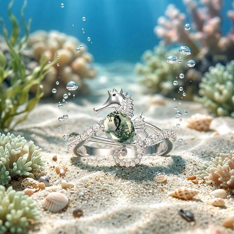 Hug Me Moss Agate Seahorse Engagement Ring