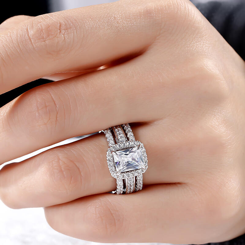 Jeulia Halo Radiant Cut Sterling Silver Enhancer Ring Set