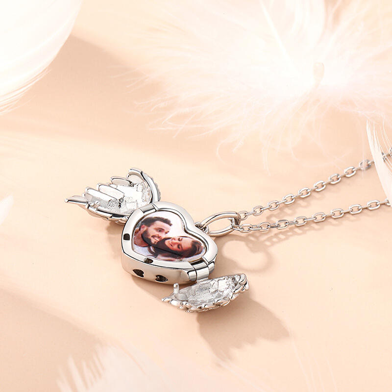 Jeulia Openable Angel Wings Heart Personalized Sterling Silver Photo Necklace
