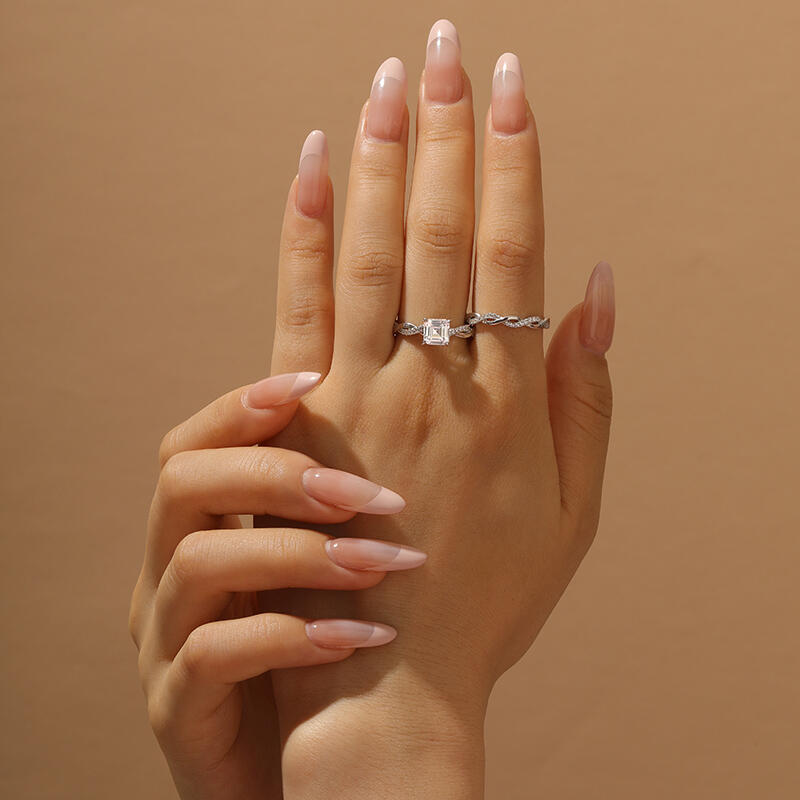 Jeulia Conjunto de Anillos de Plata de Ley con Corte Asscher y Torsión