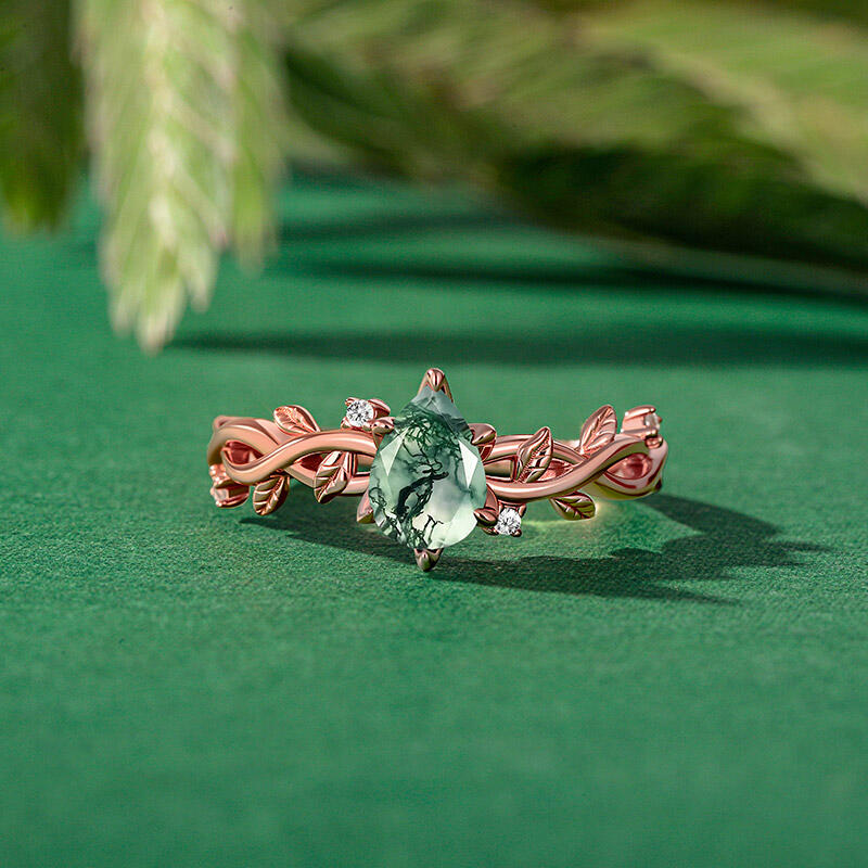 Jeulia Pear Cut Rose Gold Moss Agate Engagement Ring with Vine Leaf