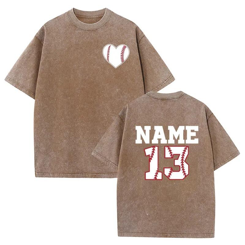 Baseballtvättad T-shirt med baseballhjärta anpassat nummer och namn present till sportälskaren