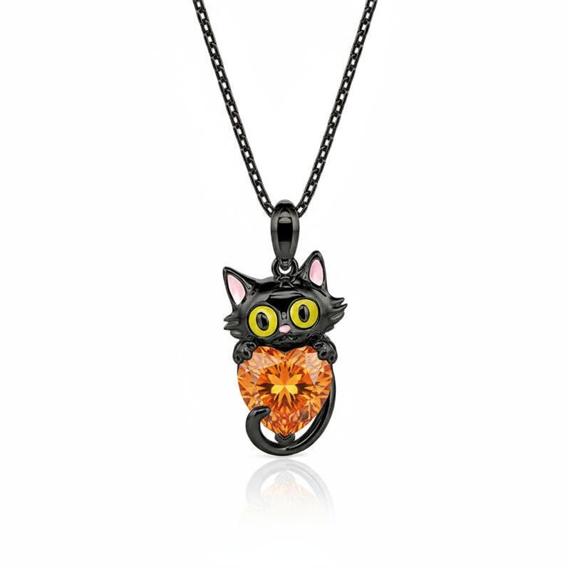 Jeulia Hug Me Custom Birthstone Black Cat Necklace