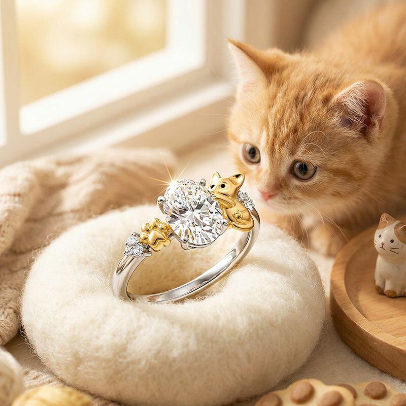 Hug Me Cute Two Tone Cat Paw Ring With Oval Cut Stone