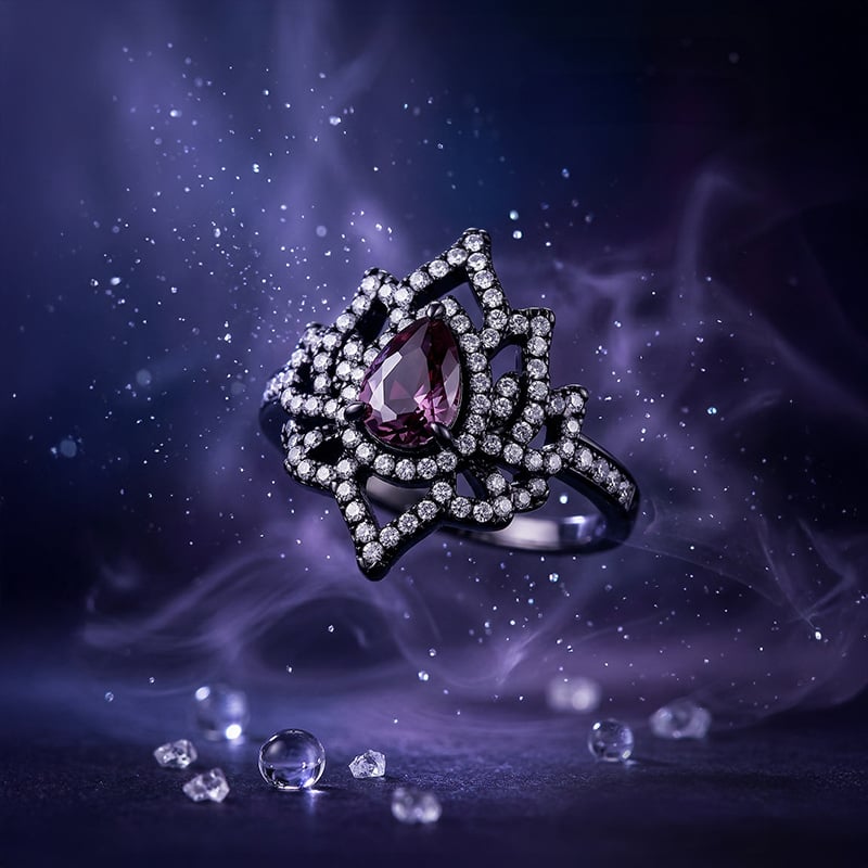 Gothic Black Lotus Ring with Purple Stone