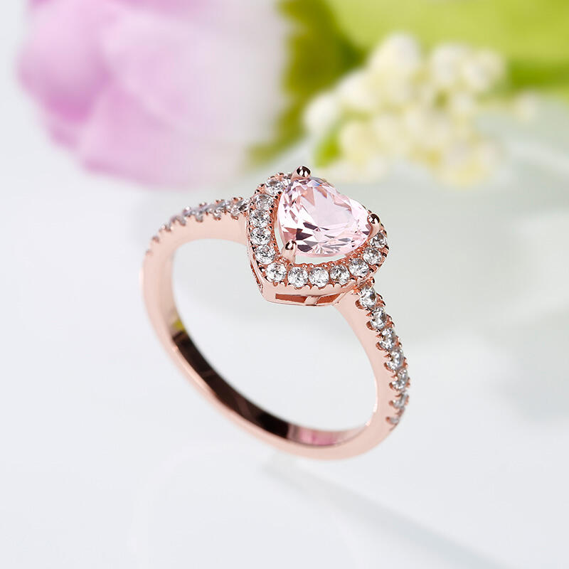 Jeulia Halo Heart Cut Synthetic Morganite Sterling Silver Ring