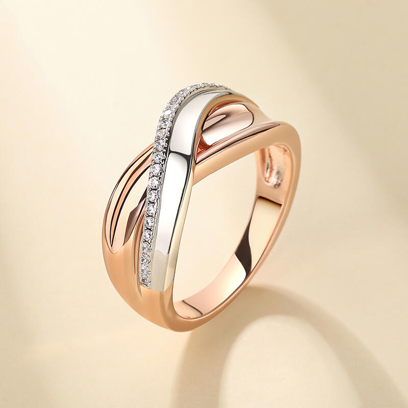 Jeulia "Mingle Moments" Two Tone Round Cut Sterling Silver Women's Band