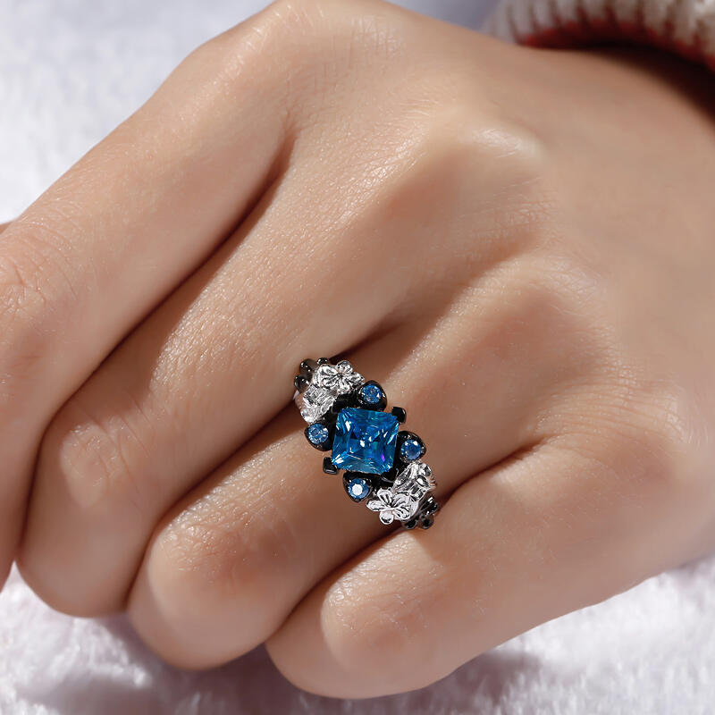 Jeulia Flower Design Princess Cut Sterling Silver Two Skull Ring