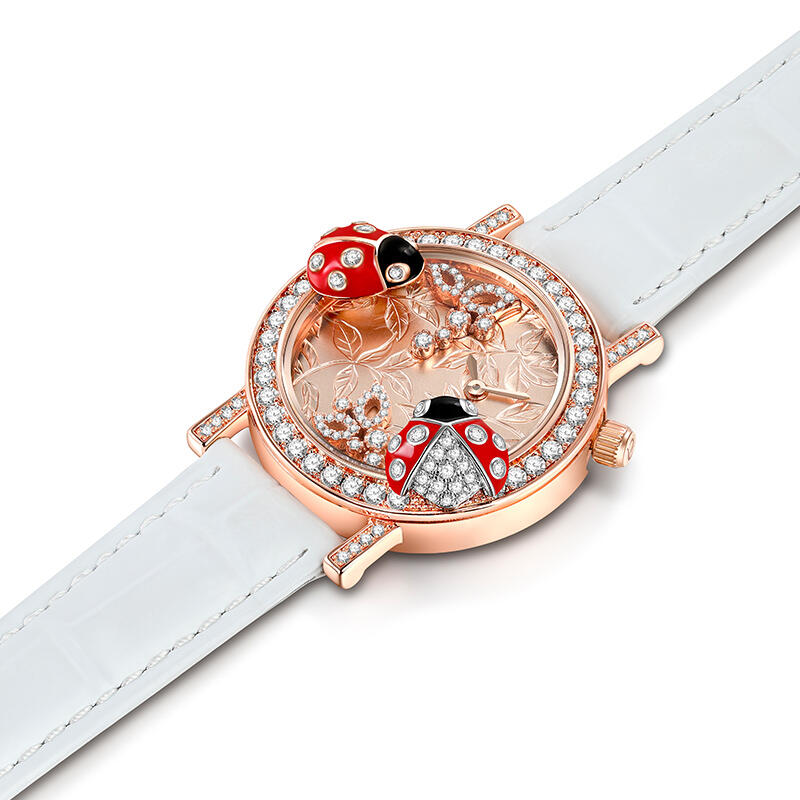Jeulia "Vivid Natural" Ladybug Design Quartz White Leather Women's Watch
