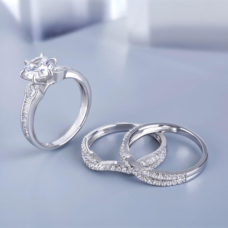 Jeulia Classic Three Stone Round Cut Sterling Silver Ring Set