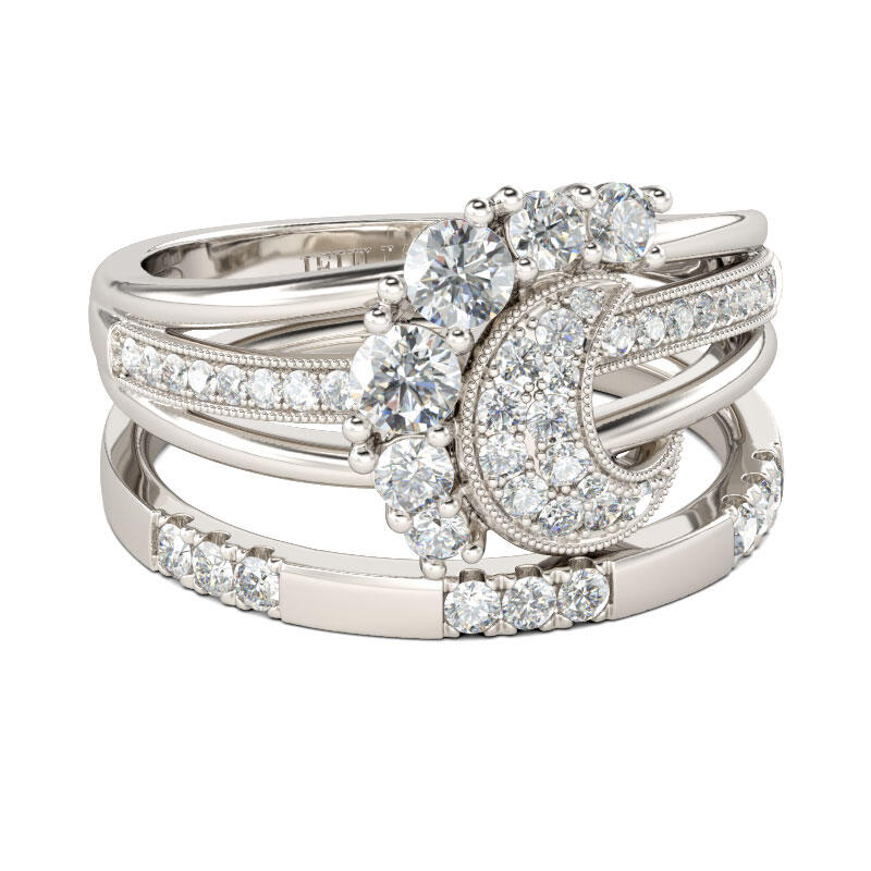 Jeulia Conjunto de anéis crescentes com corte redondo em prata de lei