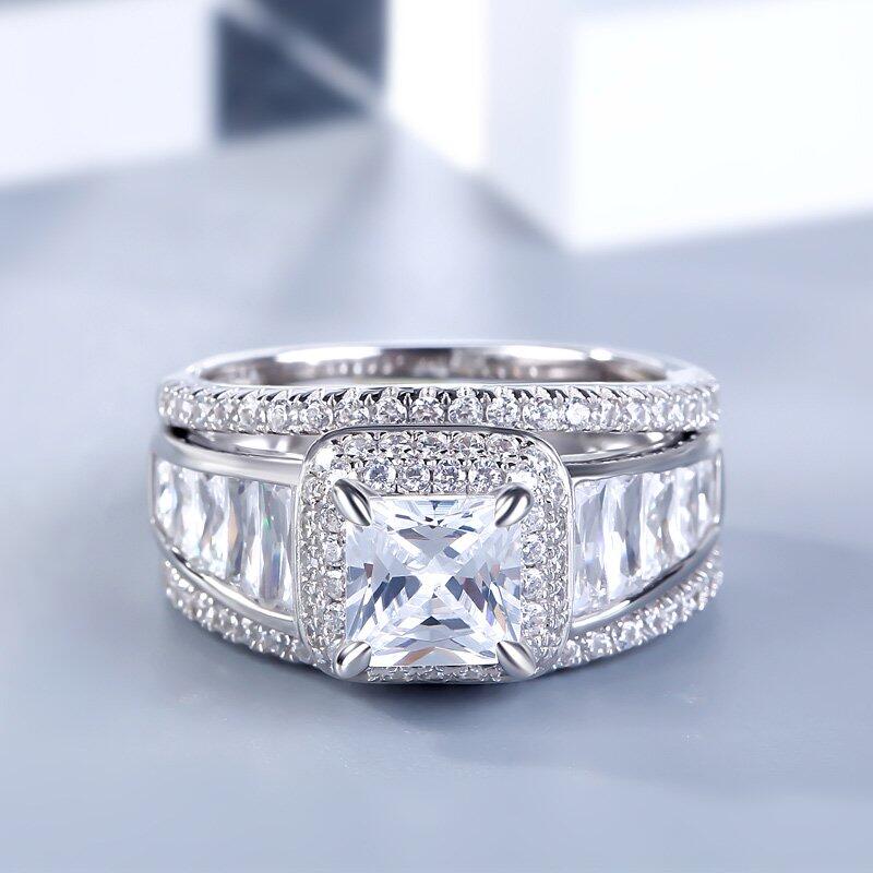 Jeulia Double Halo Princess Cut Sterling Silver 3PC Ring Set