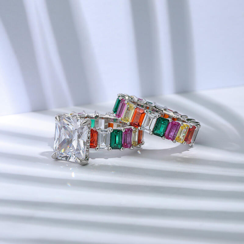 Jeulia "Blazing with Color" Radiant Cut Sterling Silver Ring Set