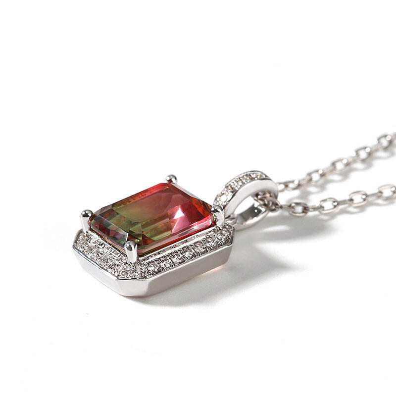 Jeulia "One of a Kind" Emerald Cut Sterling Silver Watermelon Necklace