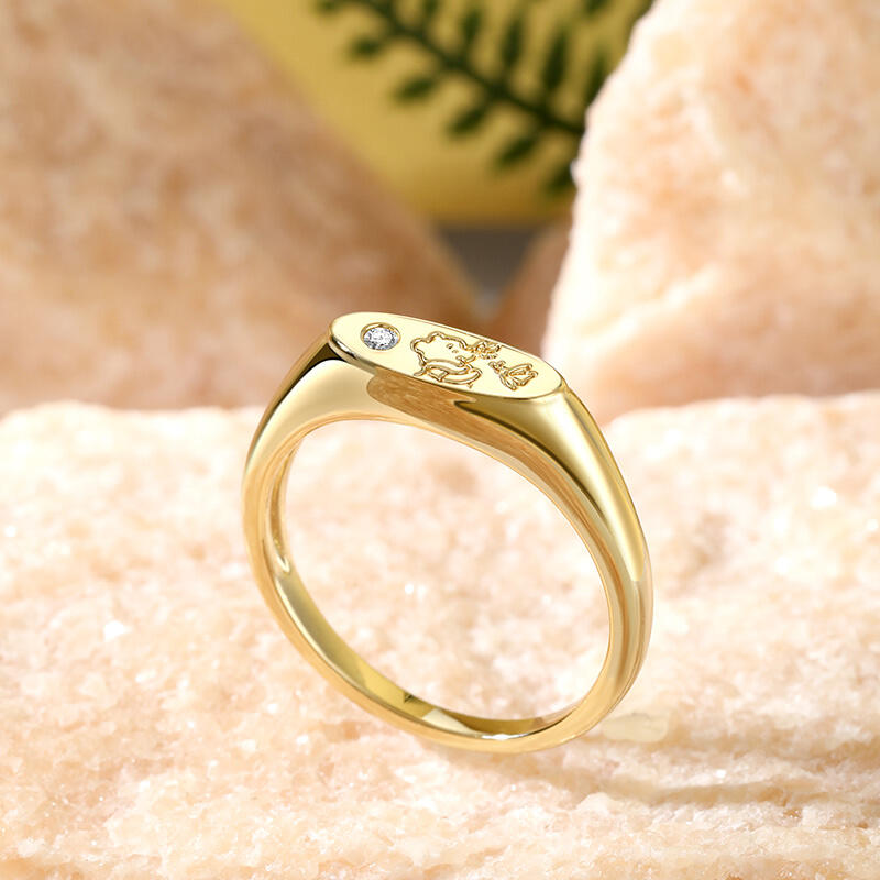 Jeulia Anillo de Plata Esterlina con Sello Ovalado de Oso de Dibujos Animados